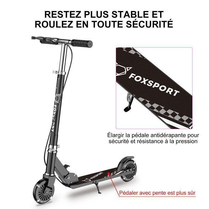 Trottinette enfant - FOXSPORT - Réglable en Hauteur - Frein à main - Pliable - Noir
