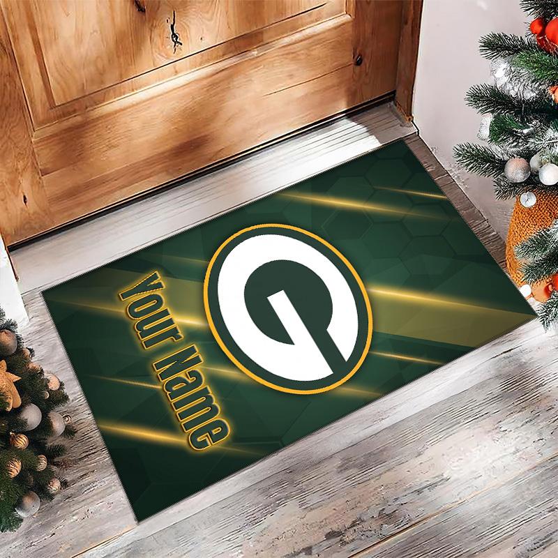 Green Bay Packers Crystal Velvet Rug, Custom Name Text Personalized Non‑Slip Floor Mat for Home Decor Gift