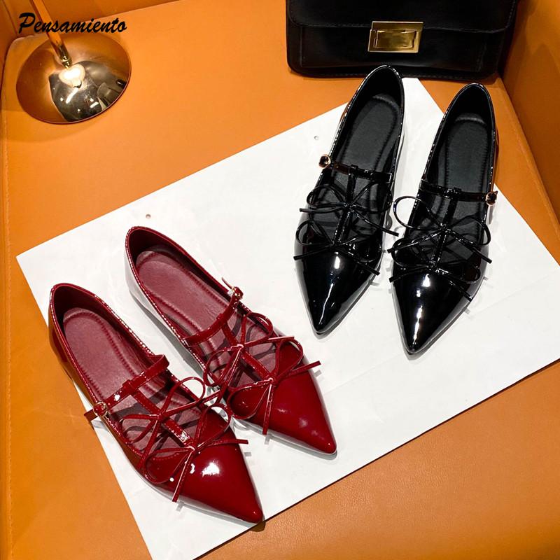 Patent Leather Bowknot Mary Janes Women Flats Pumps Spring Summer Elegant Pointed toe T-Strap Ladies Flats Party Shoes