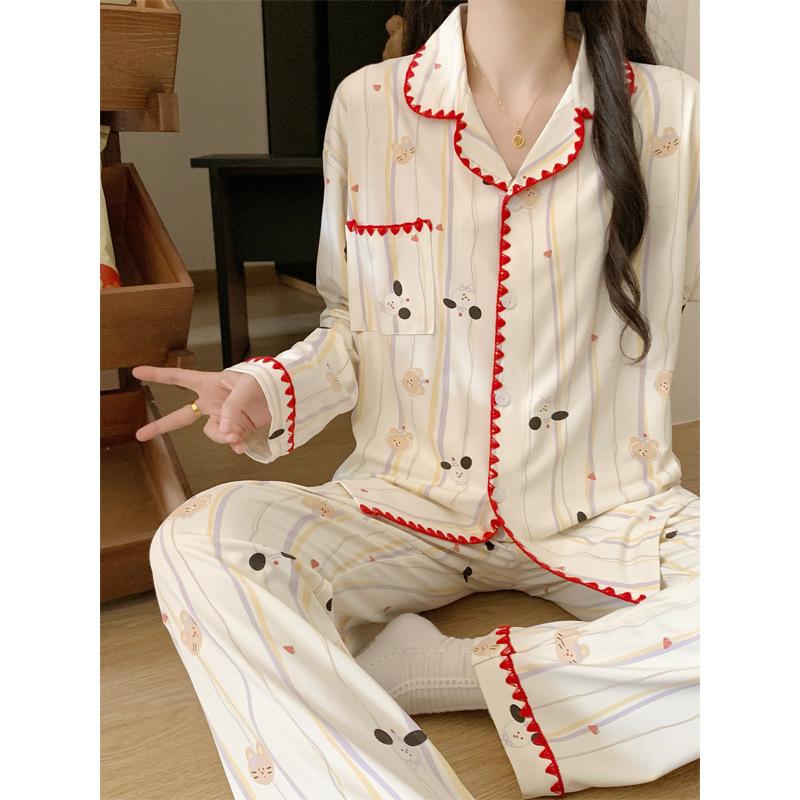 Halbmond-Stickrand Langarm-Pyjama Damen Frühling Neu Imitation Baumwolle Dopamin Polka Dot Loungewear Set