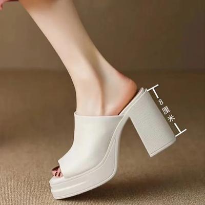 2024 2024 Women Genuine Leather Shoes Peep Toe Platform Chunky High Heel Slides Ladies 2024 Casual Slippers Summer Spring Brown