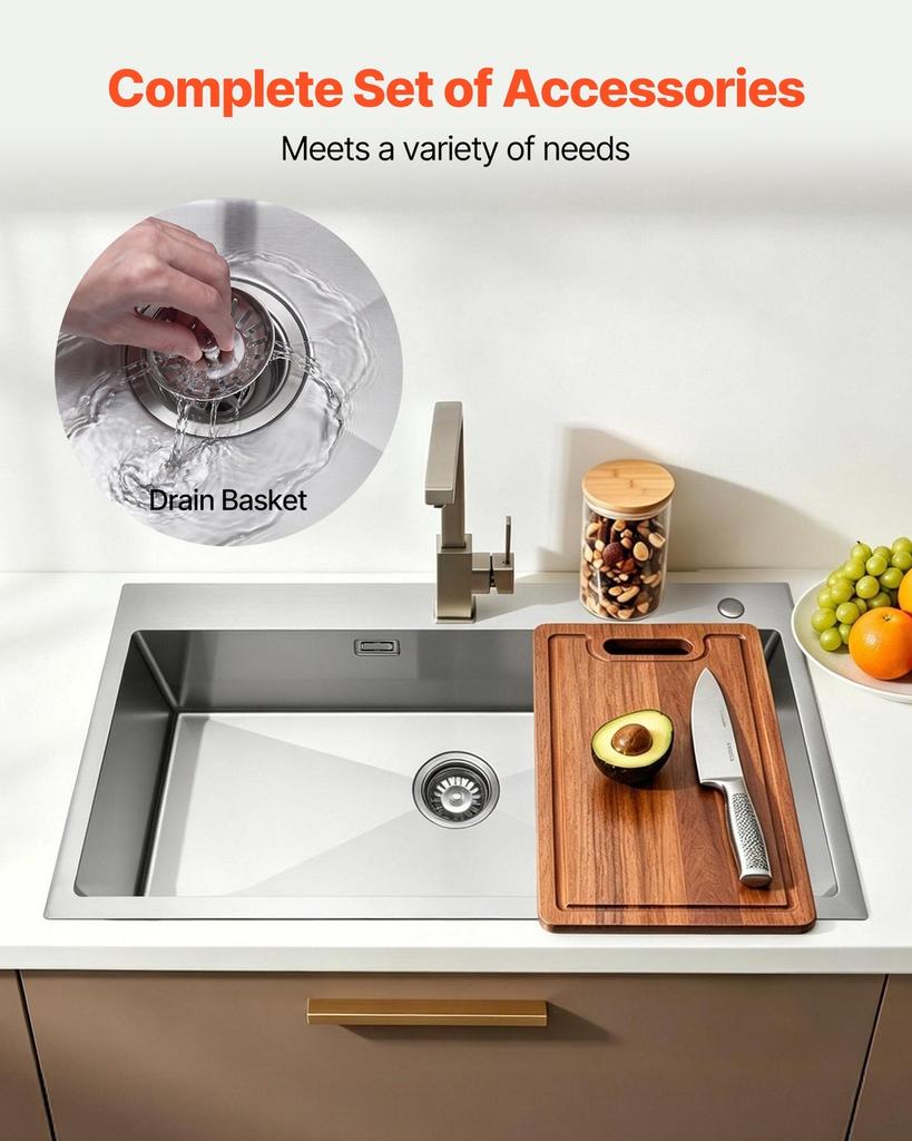 85cm Kitchen Top Mount Single Bowl Sinks, Stainless Steel Drop-In Farmhouse Basin with Accessories, Household Dishwasher Sinks for RV, Prep Kitchen,