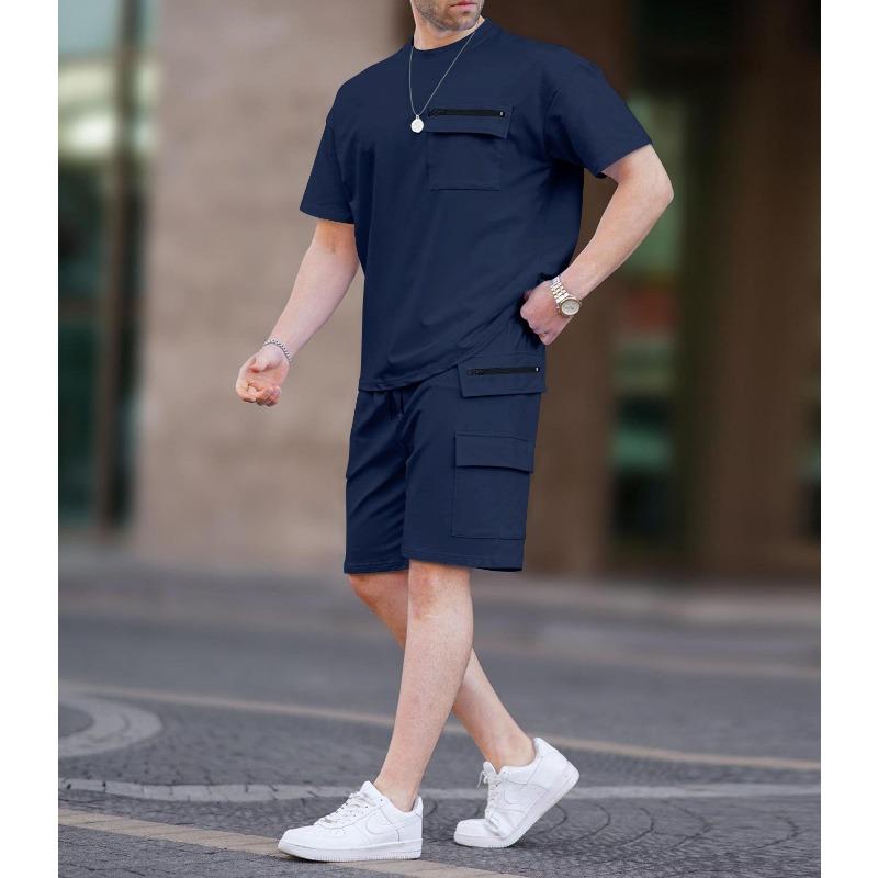 Men Solid Color 2 Piece Outfit Short Sleeve T-Shirt And Cargo Shorts Set With Zipper Pockets