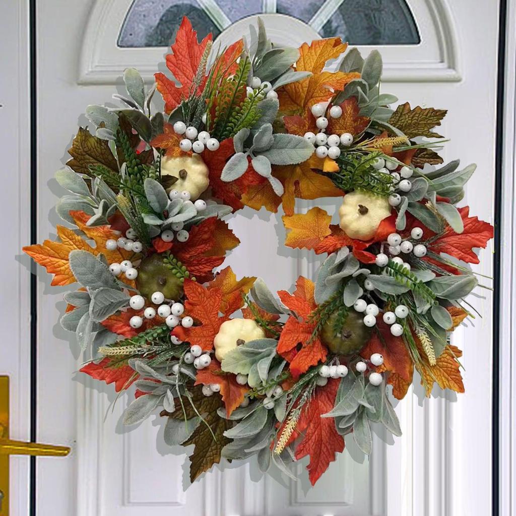 Fall Wreath Harvest Season Decor Maple Leaves Pumpkin Fall Wreath for Thanksgiving Halloween Holiday Mantle Window Wedding Party
