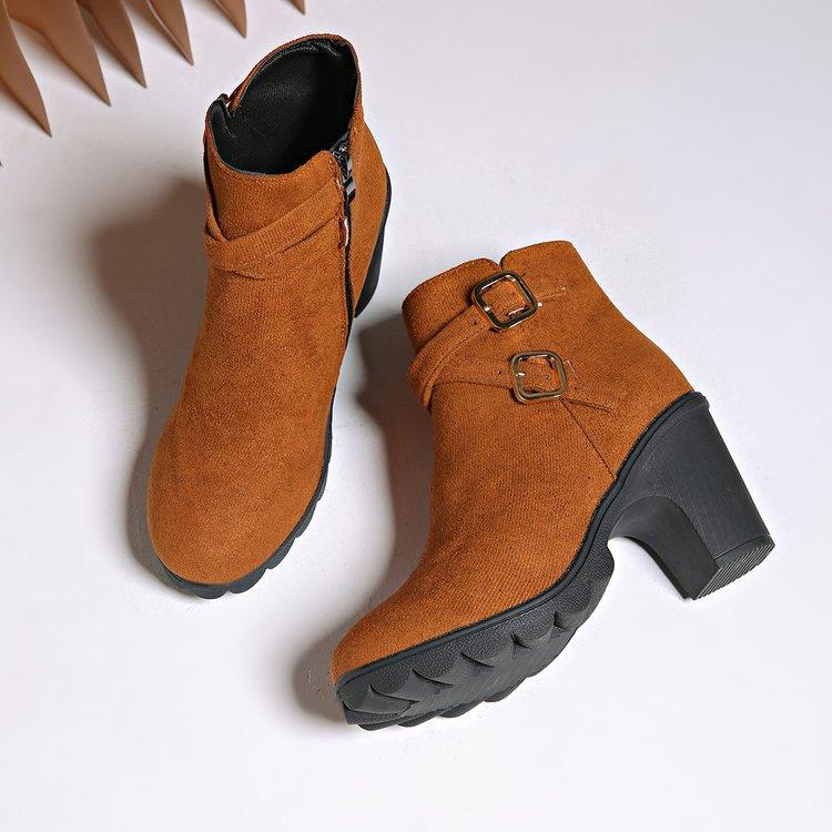 Fashion Women's Retro High Heel Ankle Boots Square Heel Woman Suede Leather Boots Female Round Toe Belt Buckle Platform Short Botines