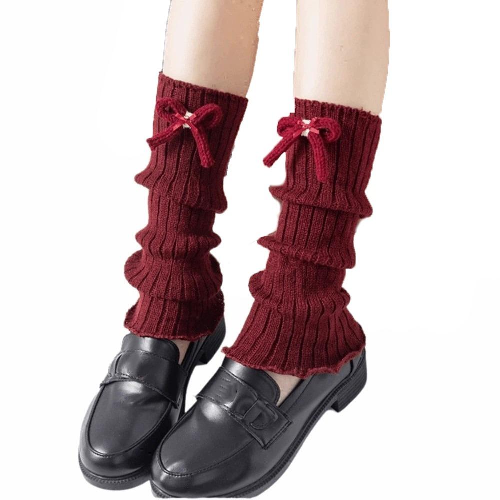 

BEPAN Cute Cartoon Knitted Leg Warmers Bow Design Thickened Lolita Boots Cover 38cm Red Furry Leg Warmers Travel Use One Size