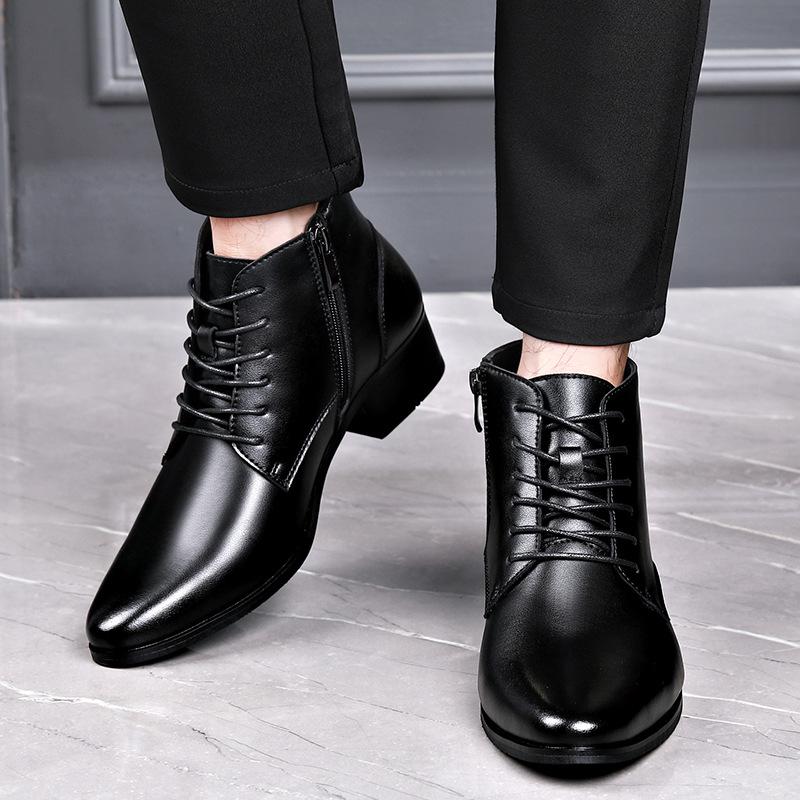 Men's Winter Pointed Toe Leather Chelsea Boots with Velvet, Lace-up Roman Style, High Heel Martin Design
