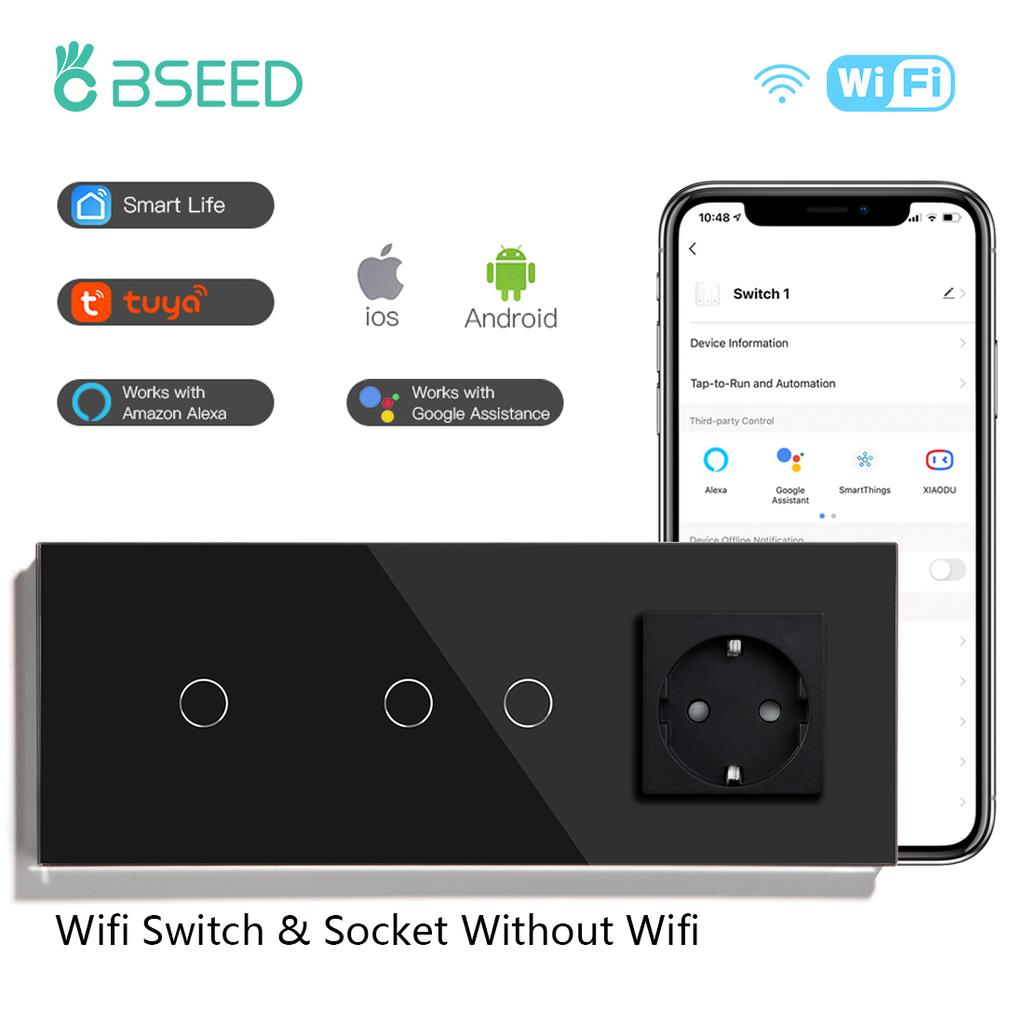 BSEED  Wifi Double 1/2/3Gang Touch Switches Smart Life Alexa Control Plus Normal Wall Power Socket EU Standard Glass Panel 228mm