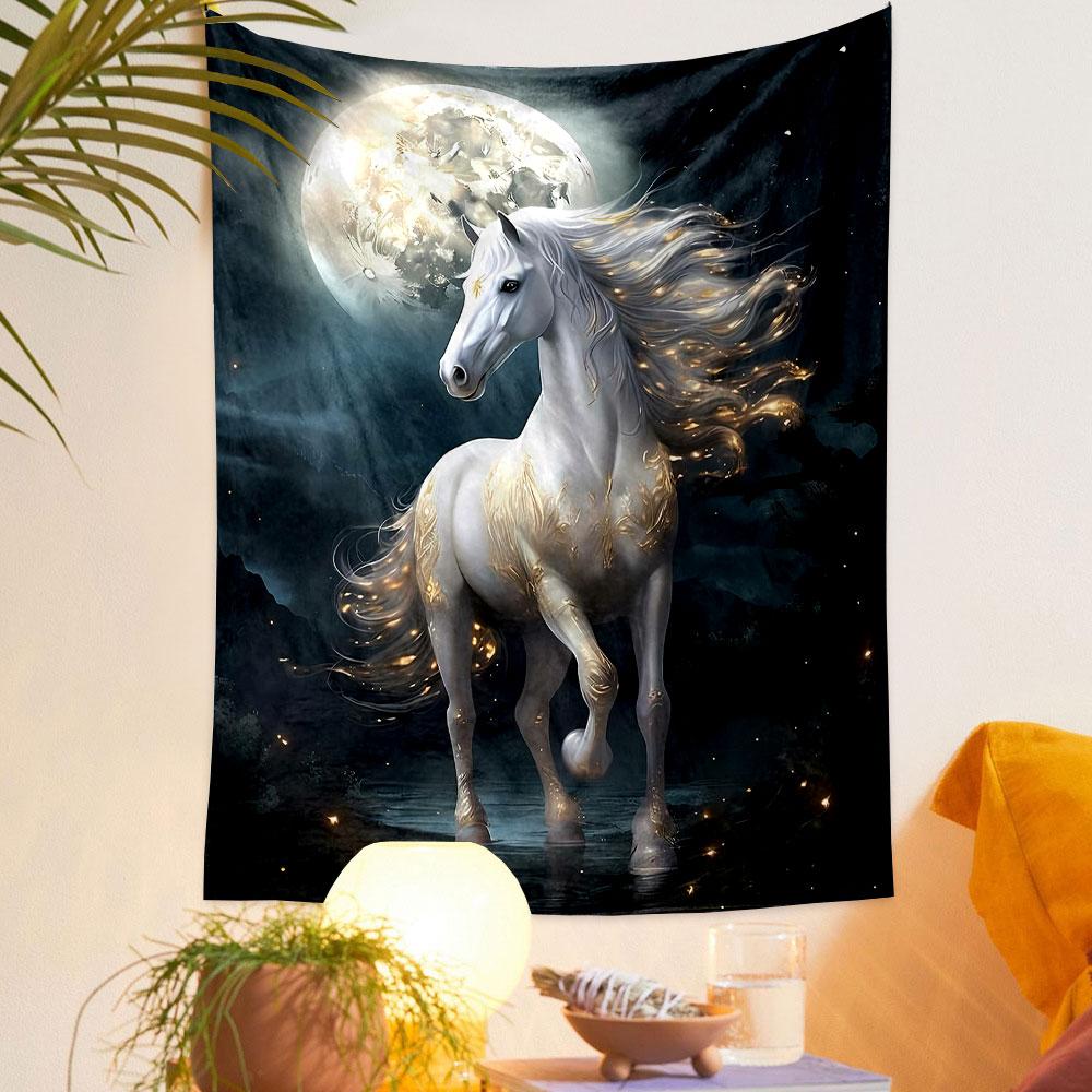 Majestic White Horse Under Moonlight Patterned tapestry home decor, suitable for bedroom and living room, gift