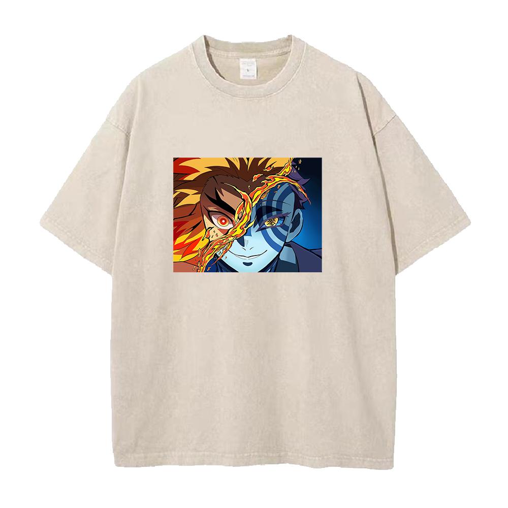 Demon Slayer Rengoku Kyoujurou Akaza Printed Tee Men Short Sleeve Clothing Washed Cotton T-shirt Vintage T Shirt Harajuku Tshirt