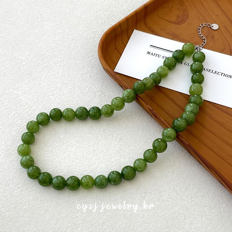 Cui Yan Sterling Silver Green Agate Beaded Necklace for Women - Brightening Spring/Summer Clavicle Chain