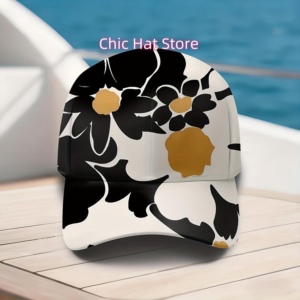 Baseball Cap Featuring A Black And White Floral Design, Adorned With A Tropical Flower Motif, Perfect For Summer Getaways. This