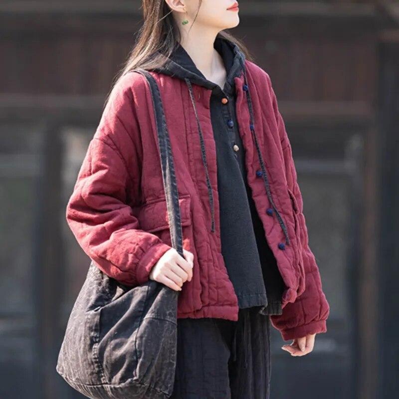 Johnature Mulheres vintage linho parkas suporte manga longa botão mais algodão casaco quente inverno cor sólida estilo chinês parkas