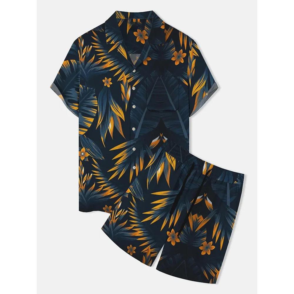Herren Freizeitshirt mit Palmenblattdruck Hawaiianische Herren Outdoor-Badeshorts Sommer Alltags-Herren Kurzarmhemd und Shorts Set