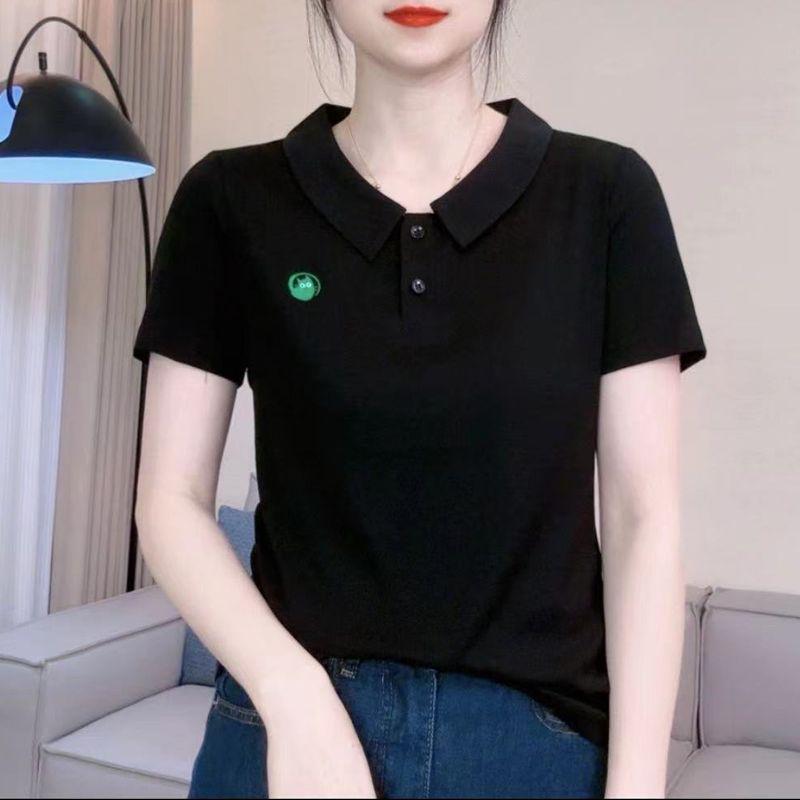 

Шикарная женская летняя хлопковая футболка с воротником Питер Пэн - Стильный короткий рукав, Омолаживающий повседневный топ 5XL (for 70-77.5kg) чёрный