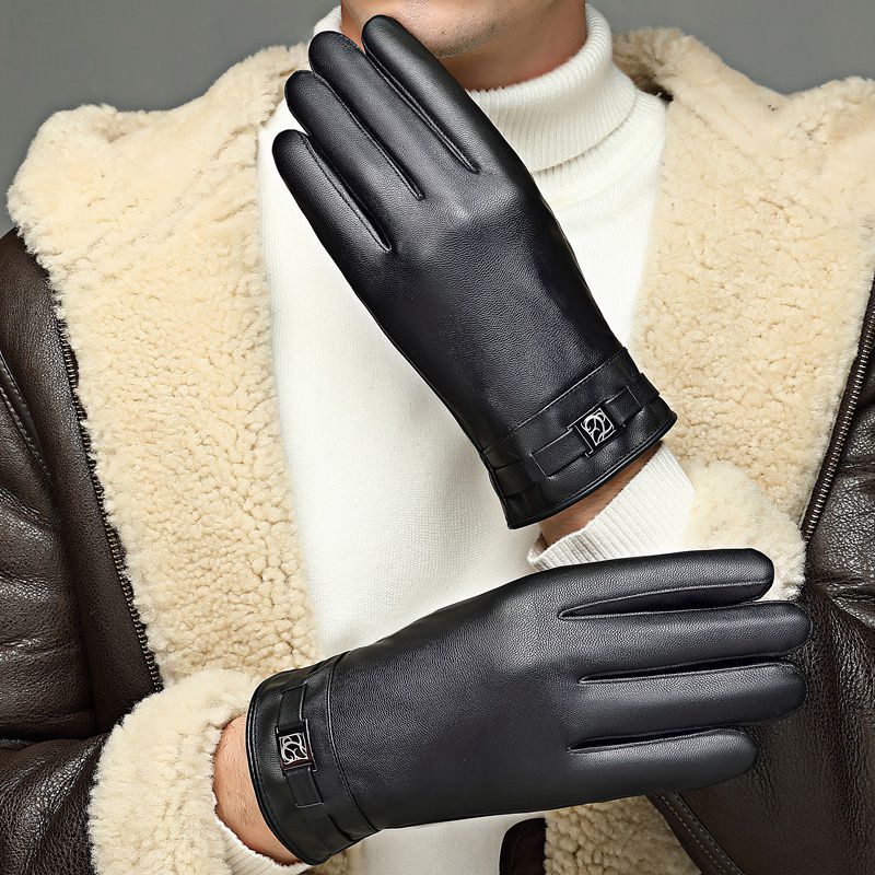 Leather Gloves Men Waterproof Touch Screen Autumn and Winter Washed Leather PU Leather Velvet Warm Driving Cycling Motorcycle