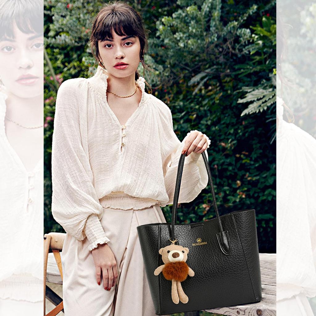 NICOLE DORIS Ayılı Tote Çanta A4 Büyük Set Sevimli PU ile Mükemmel ve İş Popüler Siyah ve Kadın Çekiciliği, Boyut, Kapasite, İki Parçalı Kılıf,