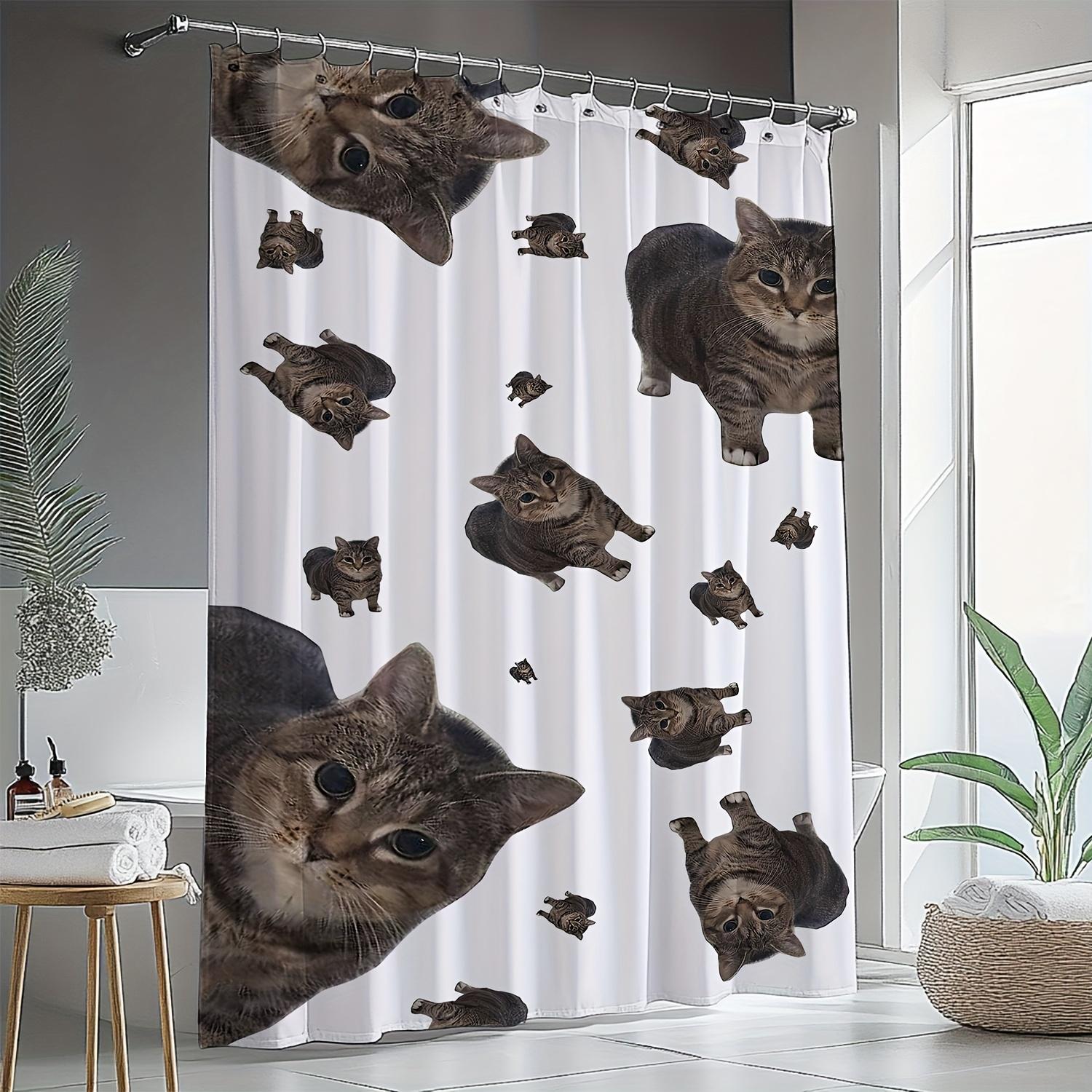 

Whimsical Cat & Butterfly Shower Curtain - Modern Cartoon Design, Polyester, Machine Washable, Humorous Bathroom Decor W60H190(CM)-1 Pcs