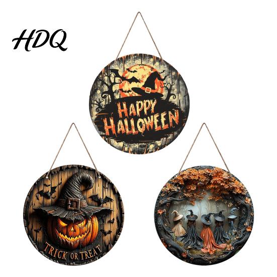 Halloween Party Home Ornament Witch Hanging Sign 8" Round Wooden Door Autumn Forest Porch Wall Decoration Witches Rustic Holiday Sign for Front