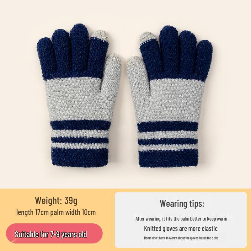 Children's Touchscreen Writing Gloves - Men's Warm Knitted Wool for Autumn Winter, Cold-Proof, Five-Finger Design for Students and Girls