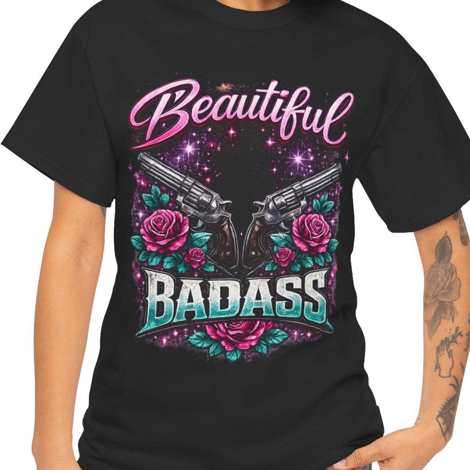Beautiful Badass tee | Floral pistols graphic shirt | Retro script design 4XL