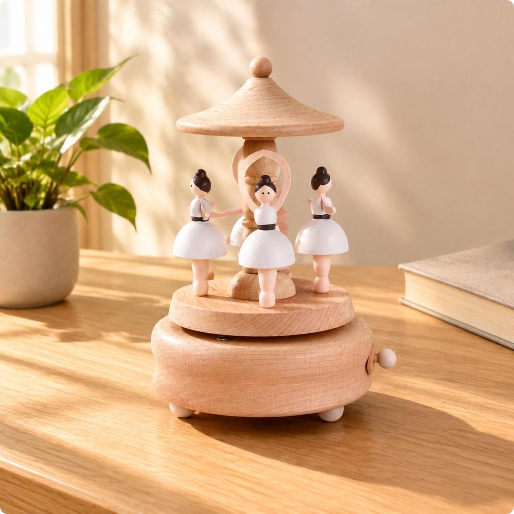 Beech Wood Mechanical Music Box Collectible Hand-Wind with Wooden Base