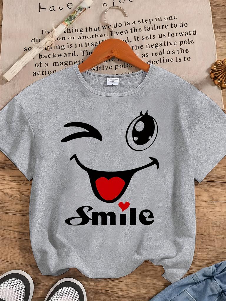 Women's Y2K Style joyful Face Graphic T-Shirt Casual Short Sleeve Crew Neck Perfect for Casual Attire Cute T Shirts