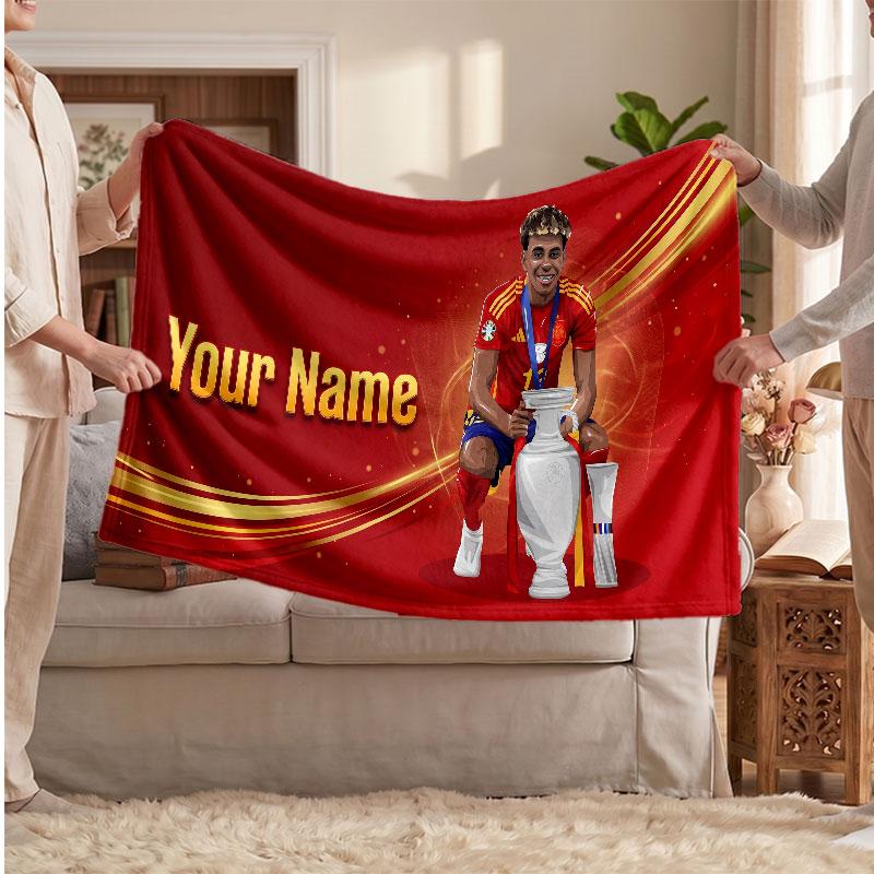 Coperta in pile personalizzata Lamine Yamal con logo del calcio, testo con nome personalizzato, morbida, calda, coperta da divano per la casa