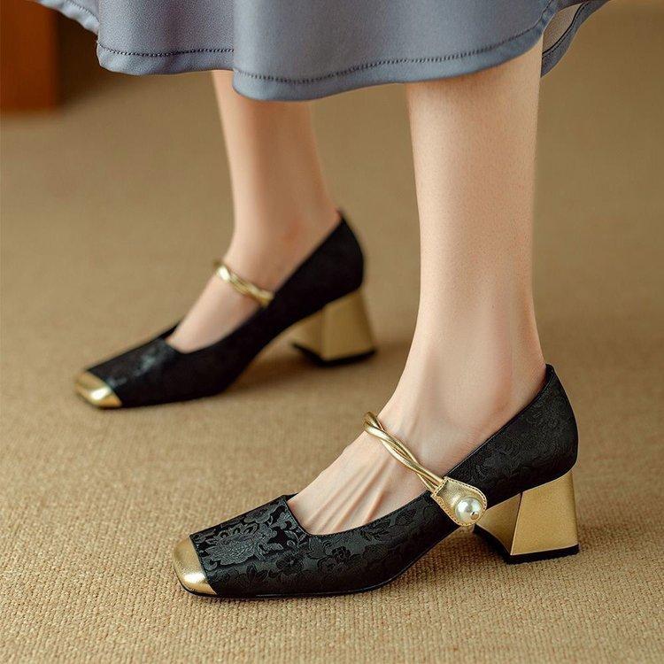 Spring high heels women's one-word single shoes new Chinese style color matching square head Mary Jane shoes French pearl thick heel
