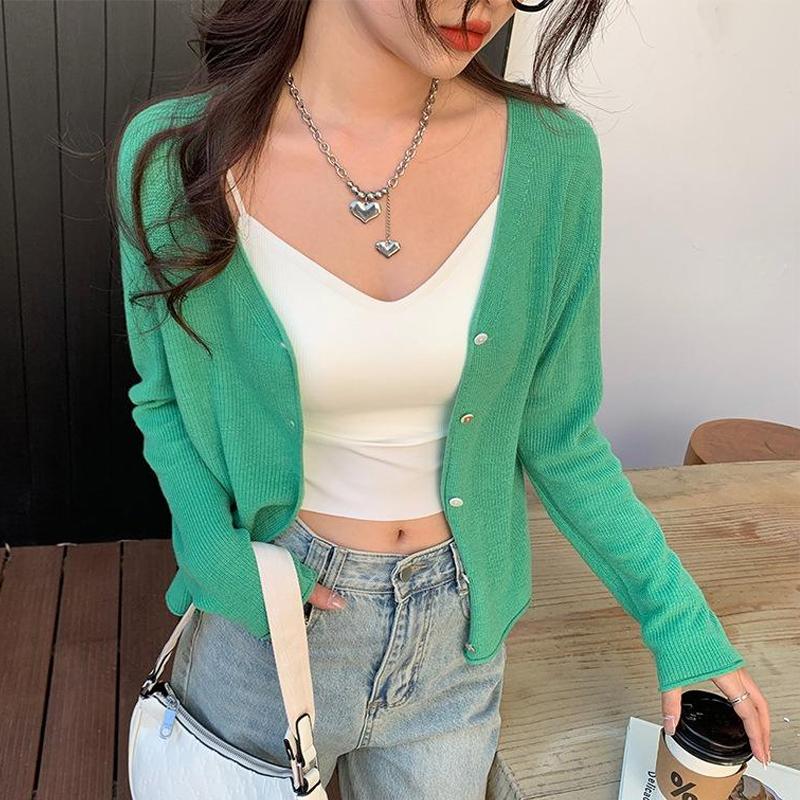 Mode V-Ausschnitt Sonnenschutz Strickjacke Dünne Damen Eisseide Strickjacke Sommer Locker Bluse Neu Lässig Einfach Kurztop Klimatisches Hemd