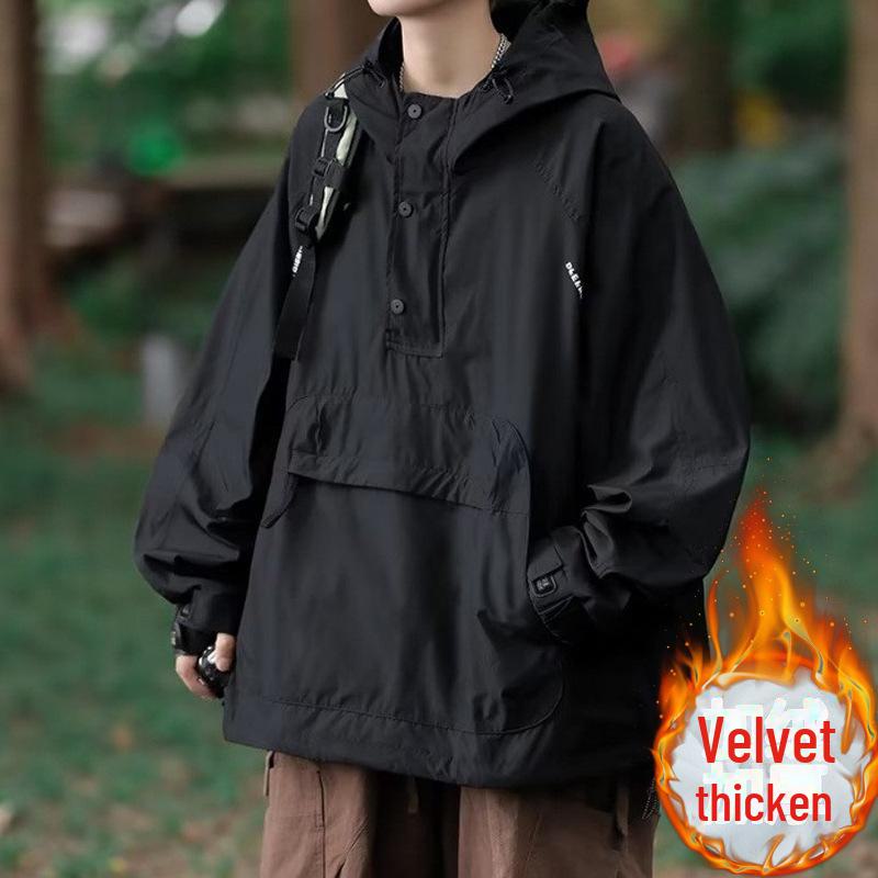Men's Autumn Hooded Workwear Jacket with Zipper Pockets - Casual, Loose Fit Pullover Coat
