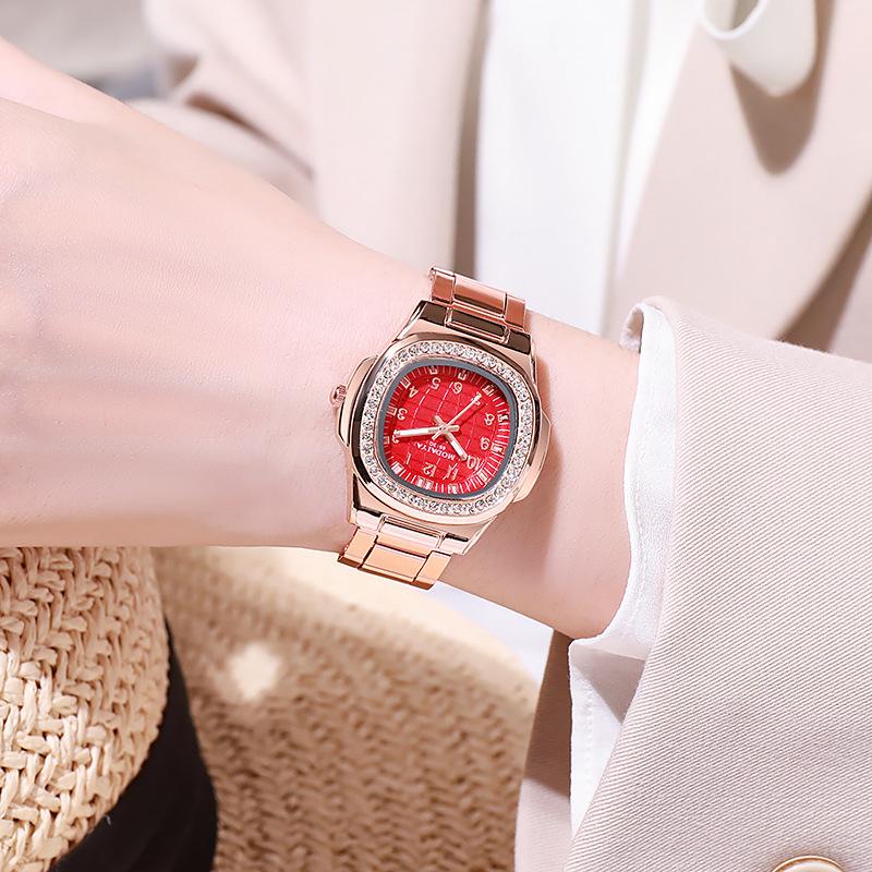 Fashion Rhinestone Square Alloy Shell Women S Quartz Watch, Simple Digital Time Versatile Women S Watch