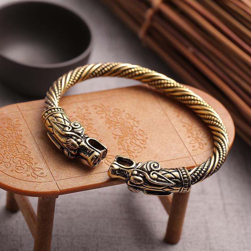 Copper Dragon Head Cuff Bangle Male Female Animal Adjustable Size Hand Arm Jewelry Gold Vintage Silver