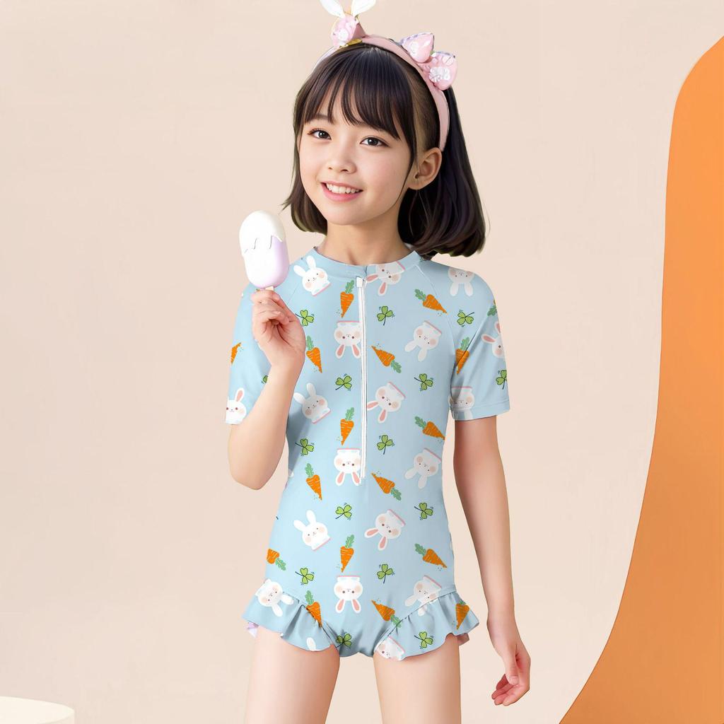 Girls' Quick-Dry Sun Protection One-Piece Swimsuit - Cute Swimwear for Kids