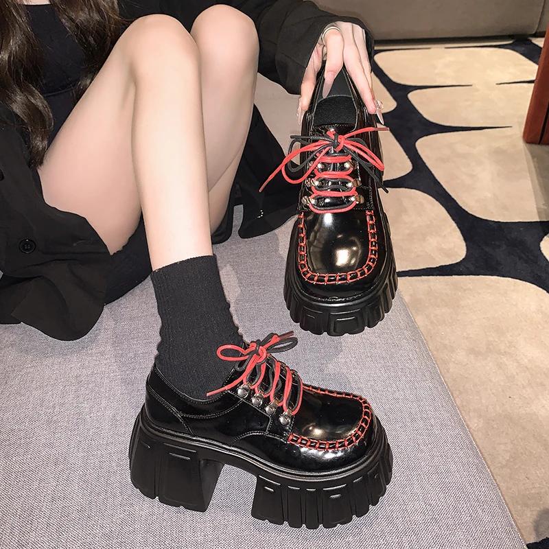 Fashion Spring Summer British Walker Shoes Women Patent Leather Platform Shoes High Platform Chunky Heel Pumps 9 cm zapatos de mujer