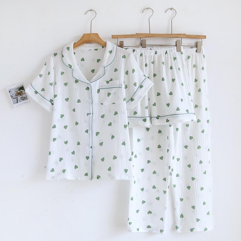 New Summer Pajamas Set 100% Cotton Crepe Love Short Sleeves + Shorts + Pants Three Piece Set Buckle Cute Ladies Pajamas