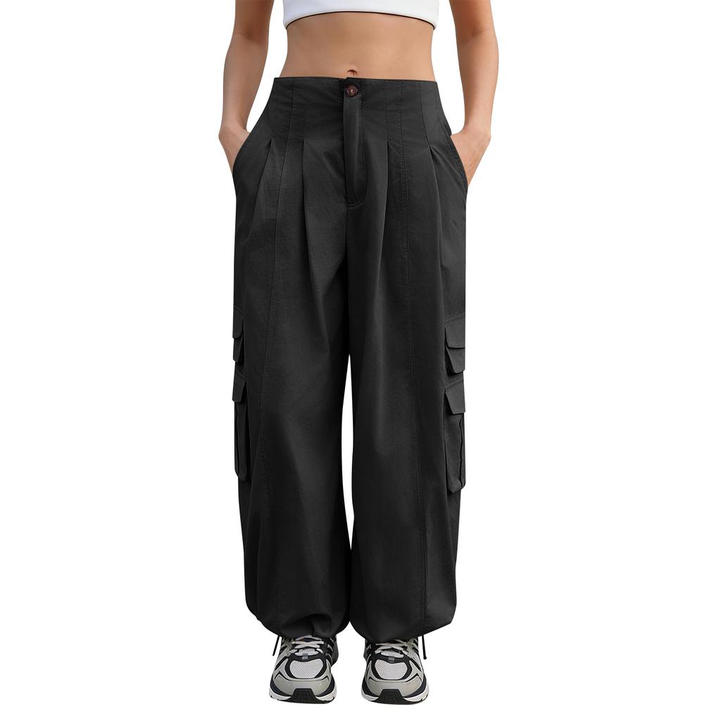Women’s Loose Fit Wide Leg Cargo Pants with Multiple Pockets High Waist Button Closure Casual Trousers for Daily Wear