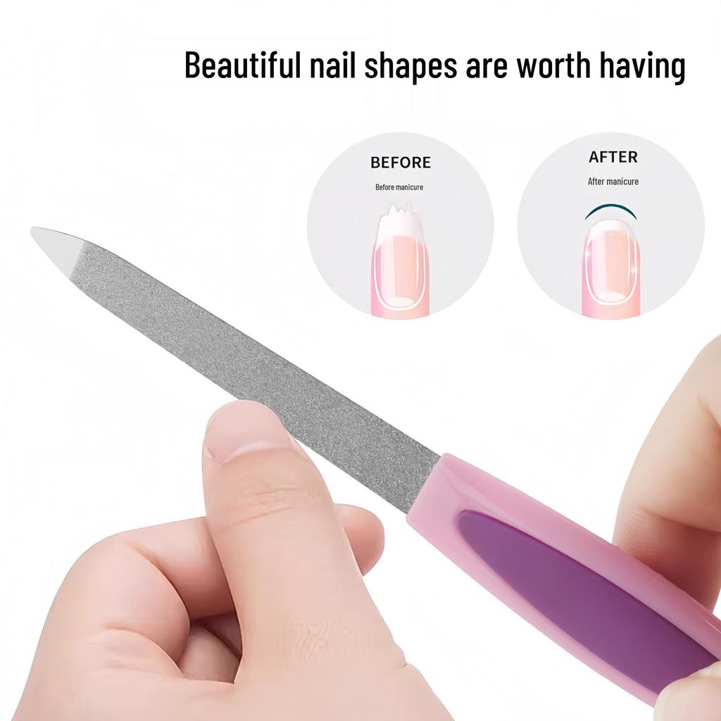 Lime à ongles double face en acier inoxydable avec manche en plastique pour manucure à domicile