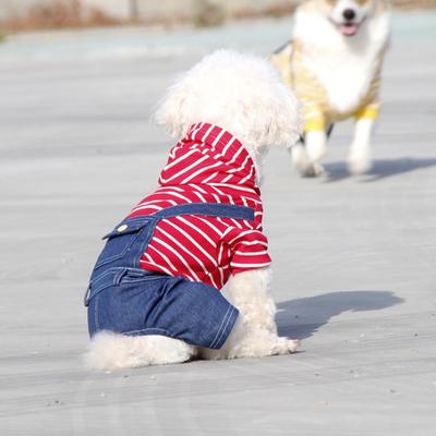 College Style Autumn and Winter Pet Clothes Striped Denim Dog Quad Teddy Corgi Strap Onesie