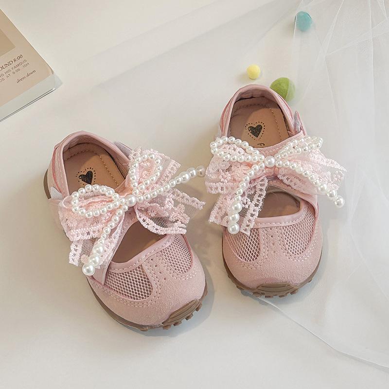 

Children s Solid Color Mesh Breathable Casual Shoes2026New Summer Girls Pearl Bow Sneakers 26-30Code one hand5Double рожевий