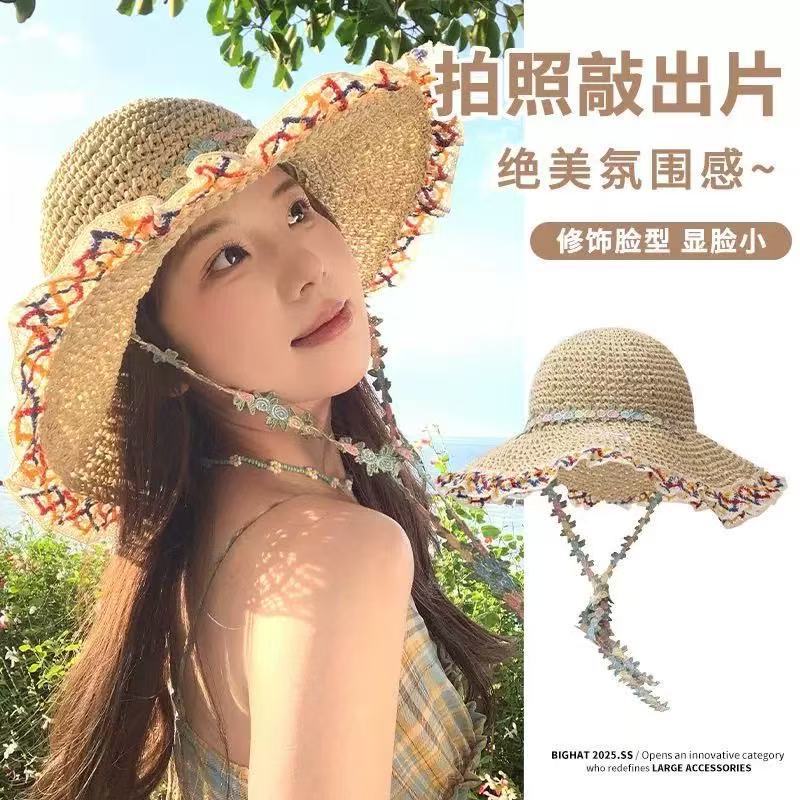 New summer versatile outdoor visor big brim bucket hat portable sunscreen sun hat bow women's hat