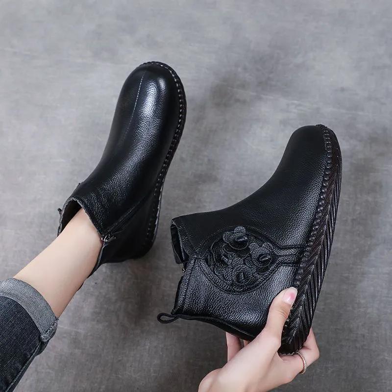 Chinese Style Winter Genuine Leather Cotton Shoes, Women's Mom Shoes, Warm Short Boots Middle-aged and Elderly with Plush Leather Cotton Boots
