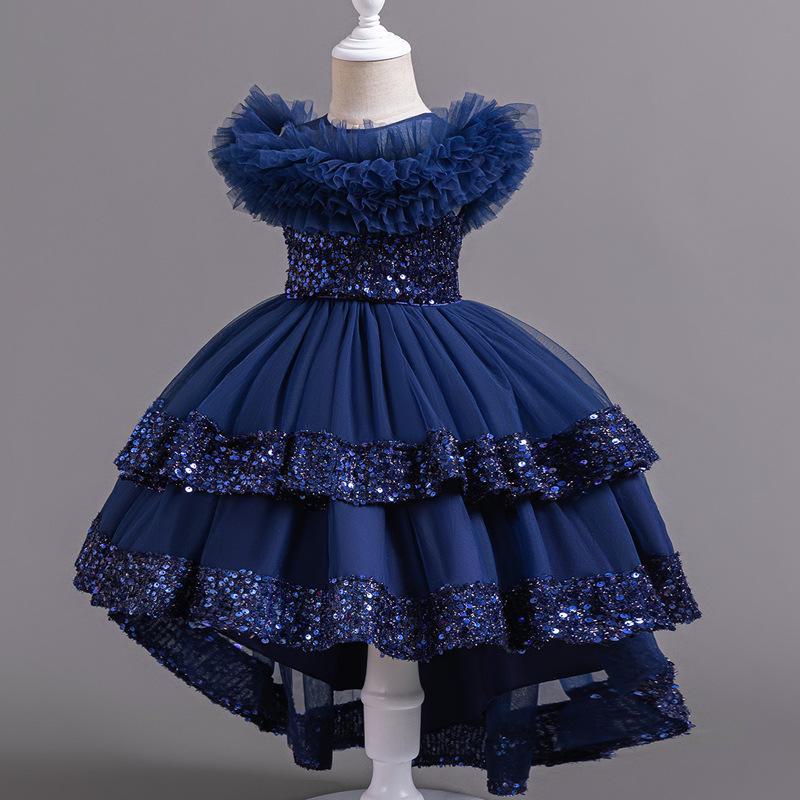 Rochie prințesă din dantelă pentru copii cu trenă, 2-13 ani, design plasă de vară pentru fete