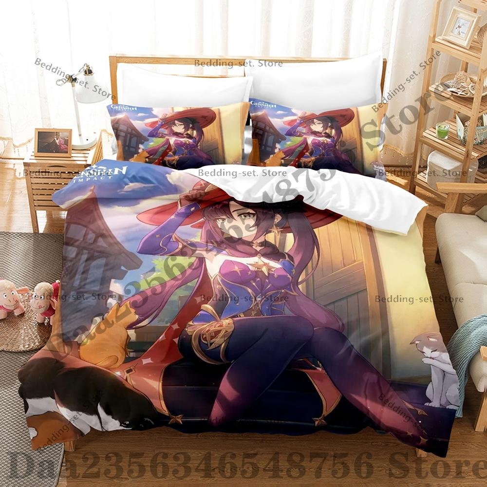 Game Genshin Impact Mona Bedding Set Kawaii Three Piece Set Bed Set Adult Bedroom Duvetcover Sets Anime Bed Sheet Set