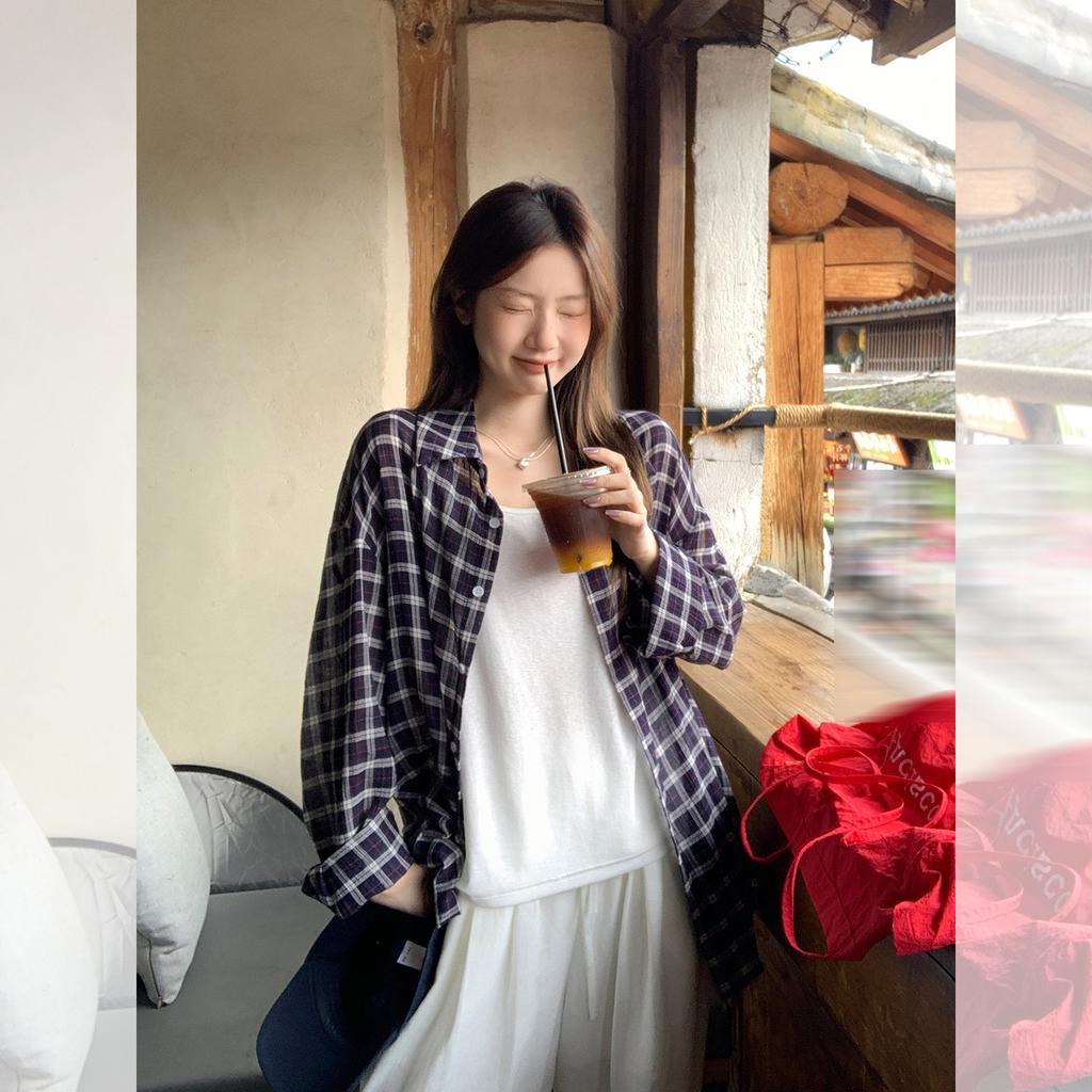 Korean retro plaid lazy style shirt long-sleeved women's autumn relaxation loose versatile and thin top