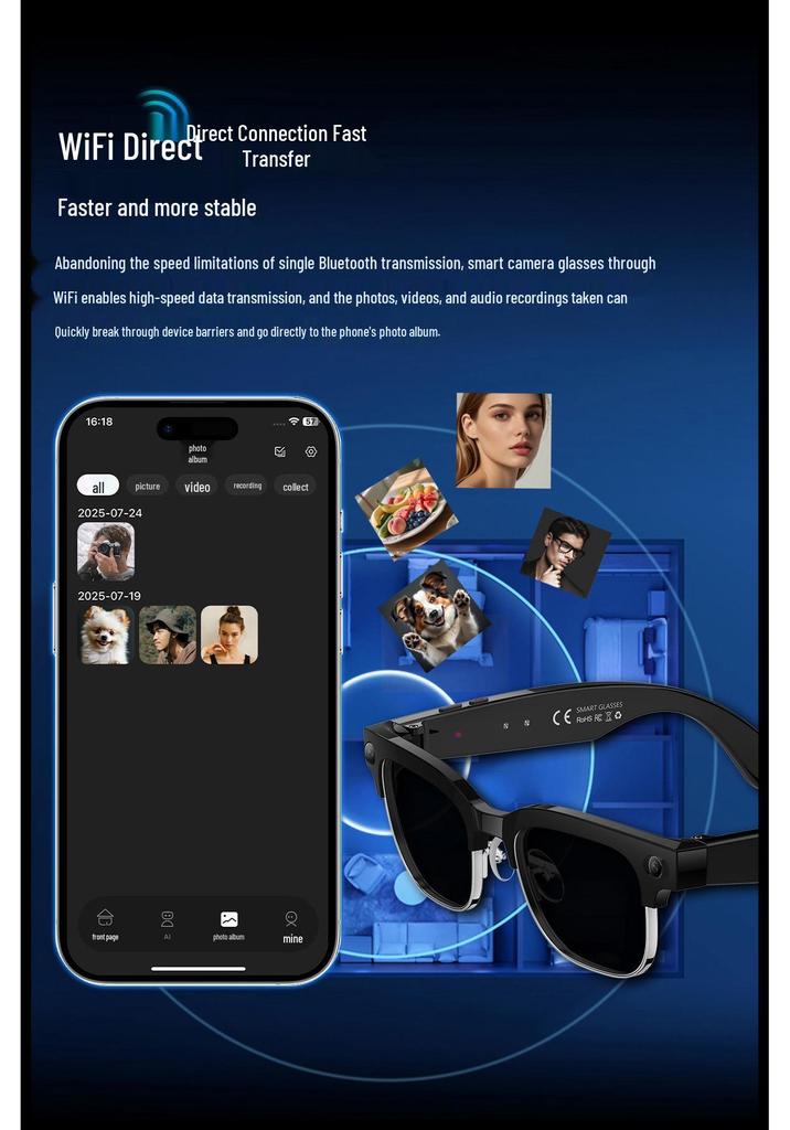 W630 Smart Glasses: 8MP Camera, Dual Mic, AI Object Recognition, HD Sound, Bluetooth.