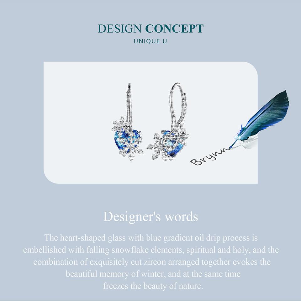 BAMOER 925 Sterling Silver Delicate Snowflake Ear Clips Blue Crystal Heart Ear Buckles for Women Birthday Gift Fine Jewelry
