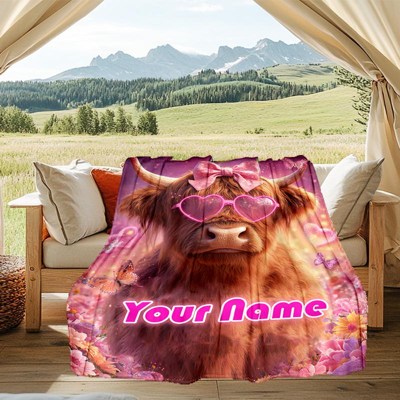 1PC Custom Name Pink Cow Bow outdooor Flannel blankets Patterns Throw Blanket All-Season Soft Gift for Couch, Bed, Camping gifts