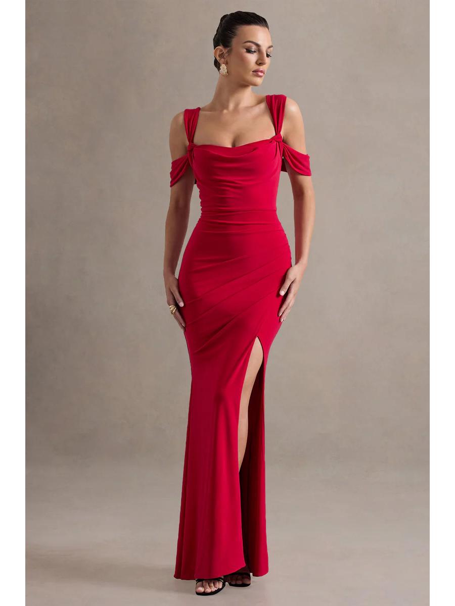 

Elegant 2026 Women s Evening Gown: Waist-Cinching, Low-Cut, Open Back, Solid Color with Slit Small красный