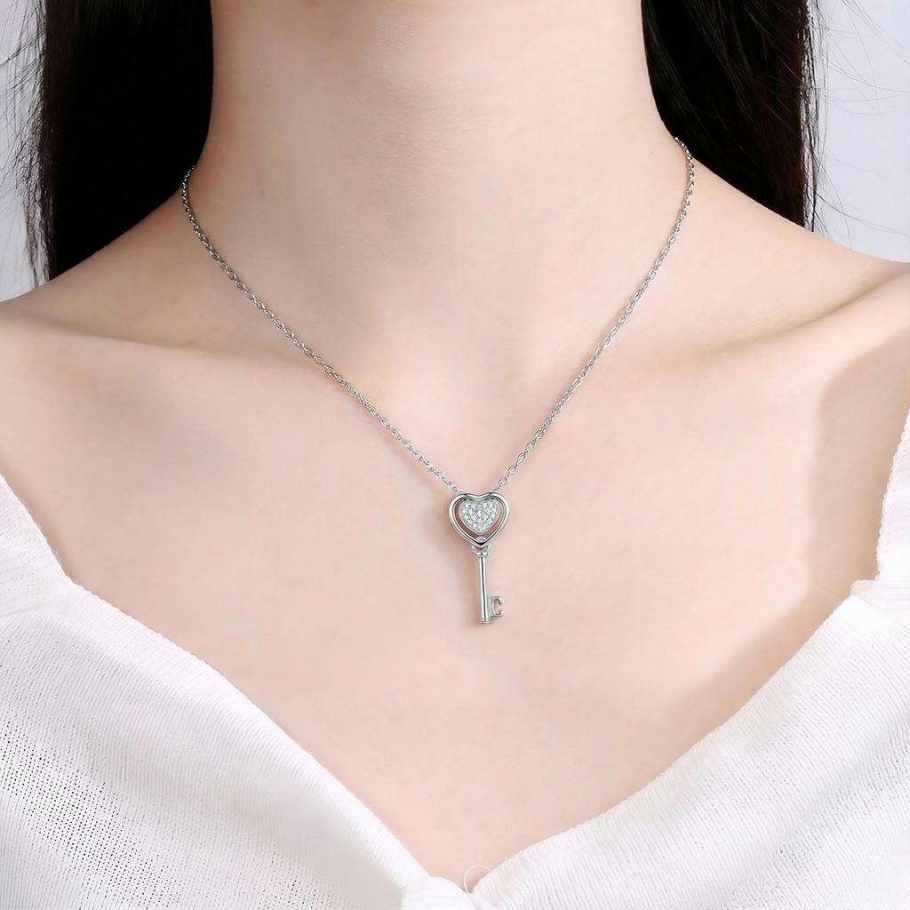 S925 Sterling Silver Heart Key Necklace: Elegant Double-Sided Pendant with Clavicle Chain for Women